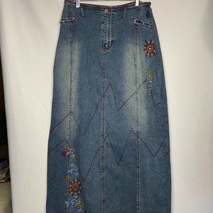 Embroidered Boho Inspired Denim Maxi Skirt Distressed Cotton/Spandex Size10